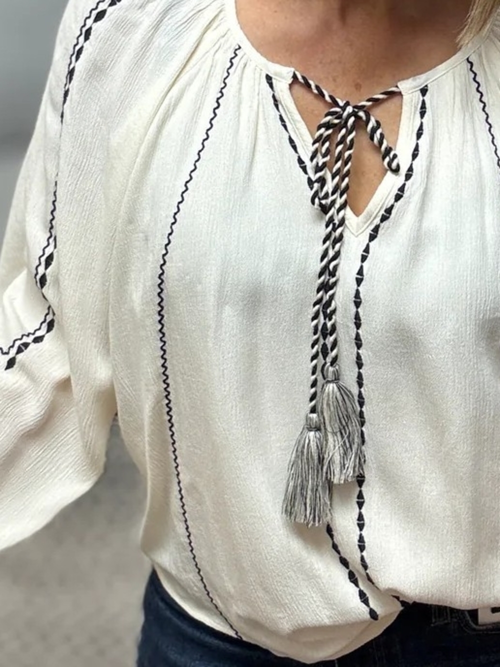 Liverpool Woven Blouse Raglan Sleeves Blouse W/Black Trim and Tassel Tie, Lined